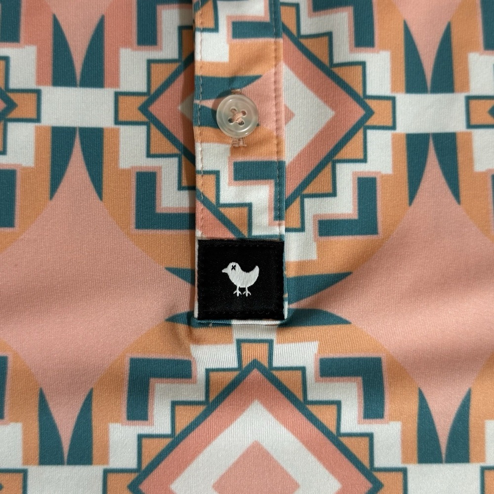 Bad Birdie Golf Polo Shirt Men Size Large Aztec Pink Green Geometric Performance - Picture 5 of 8